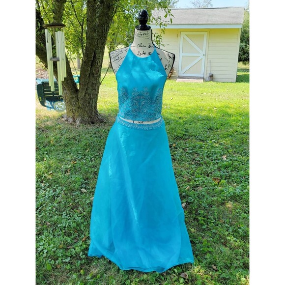 Vintage Y2k 2 Piece Corset Prom Dress Aqua Blue silver Lace up Blondie Nites Set - Picture 1 of 9